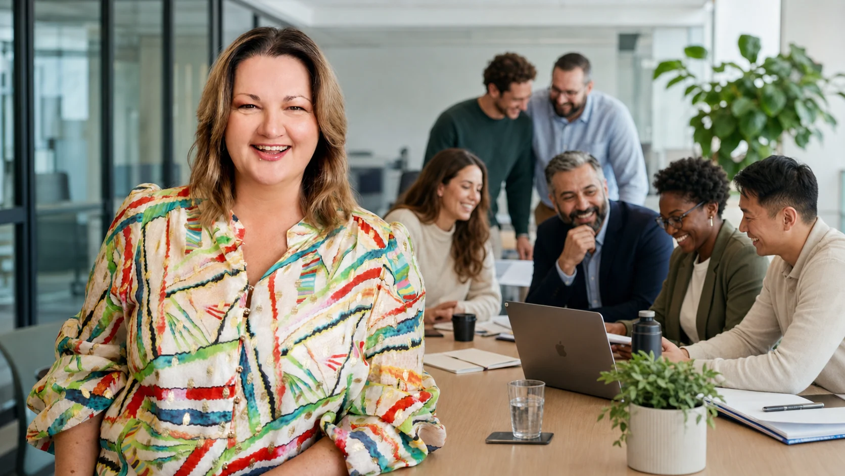 Kim Fernandez leading an AI capability session with a business team in a bright office
